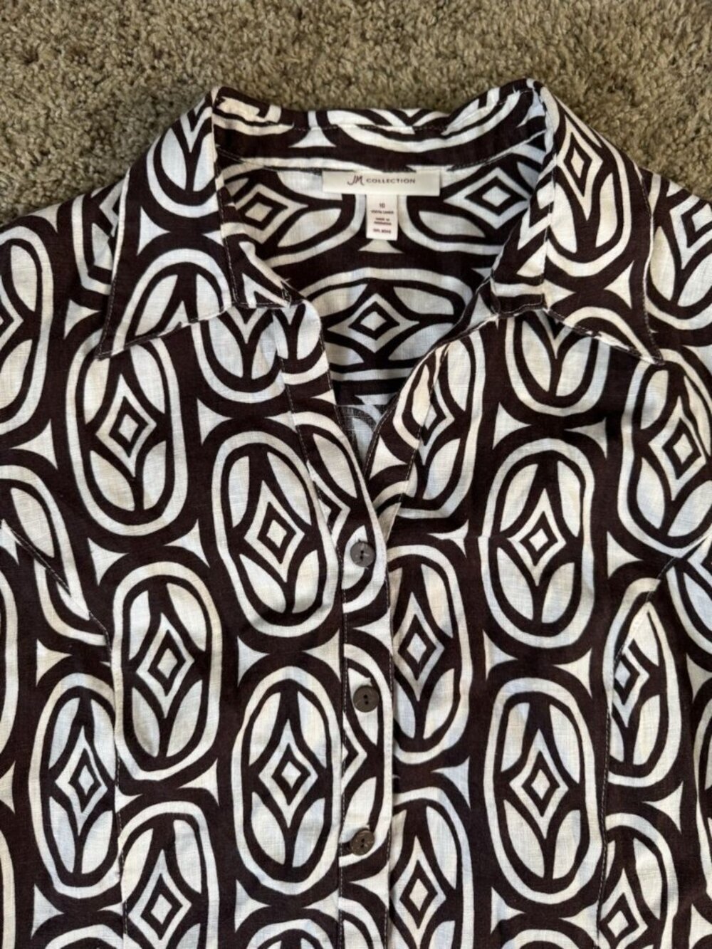 JM Collection Linen Button Shirt Geometric Print 3/4 Sleeve Casual Office Sz 10 - Picture 5 of 10